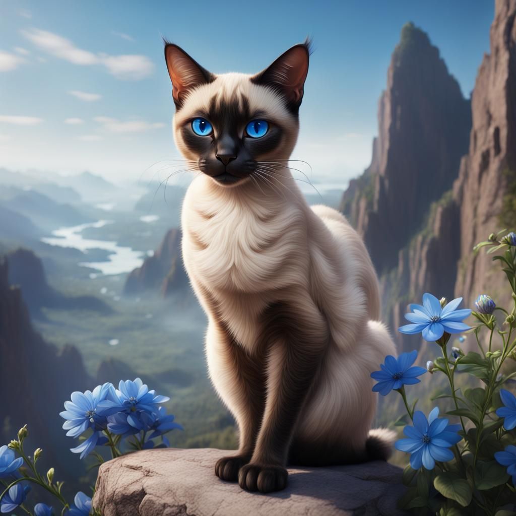 Siamese Cat on Mountain, Detailed Matte Painting