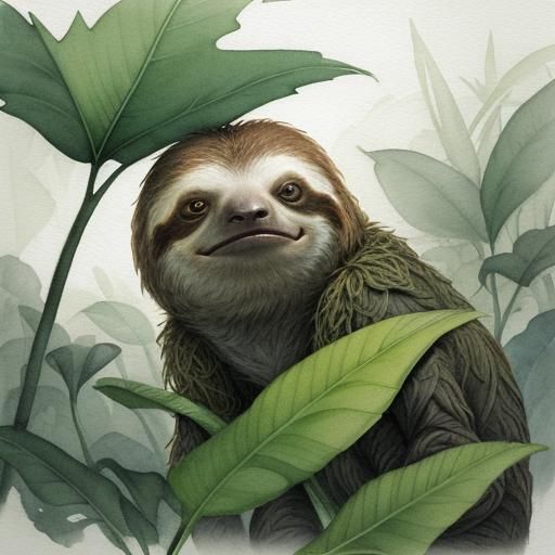 Sloth in Jungle at Misty Sunrise: Watercolor Sketch