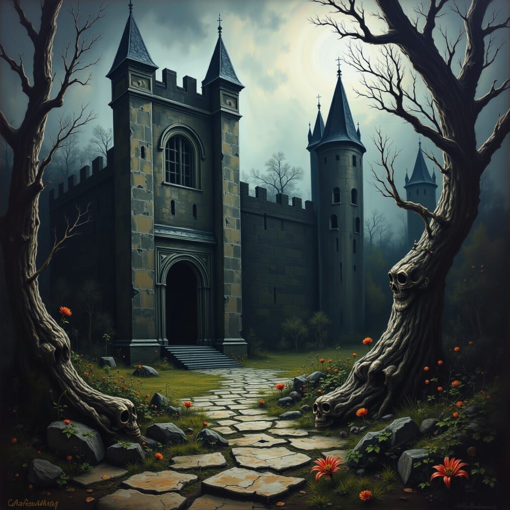 Ominous Castle Ruins Eerie Mist and Lightning