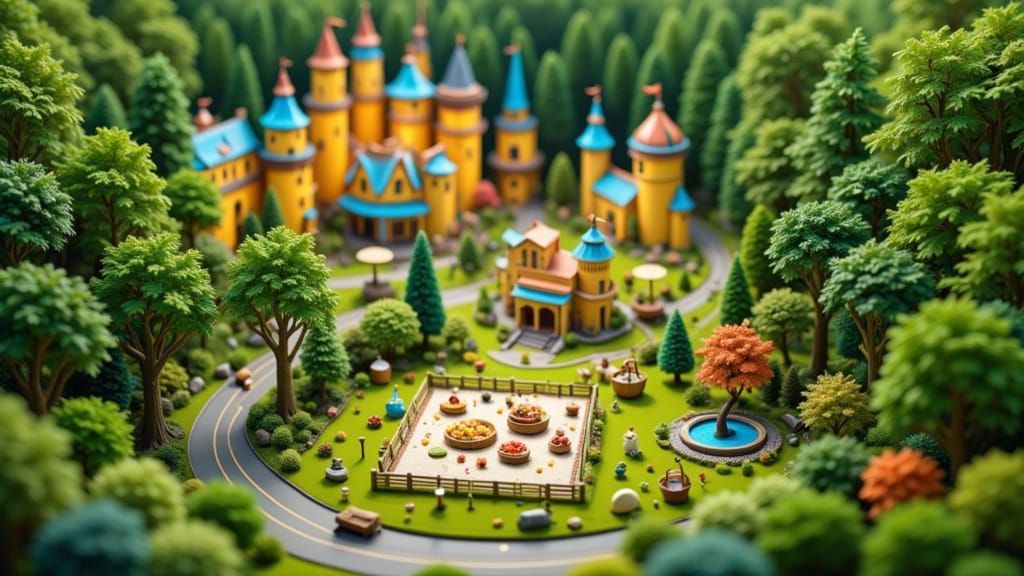 Miniature Diorama with Fantasy City and Forest