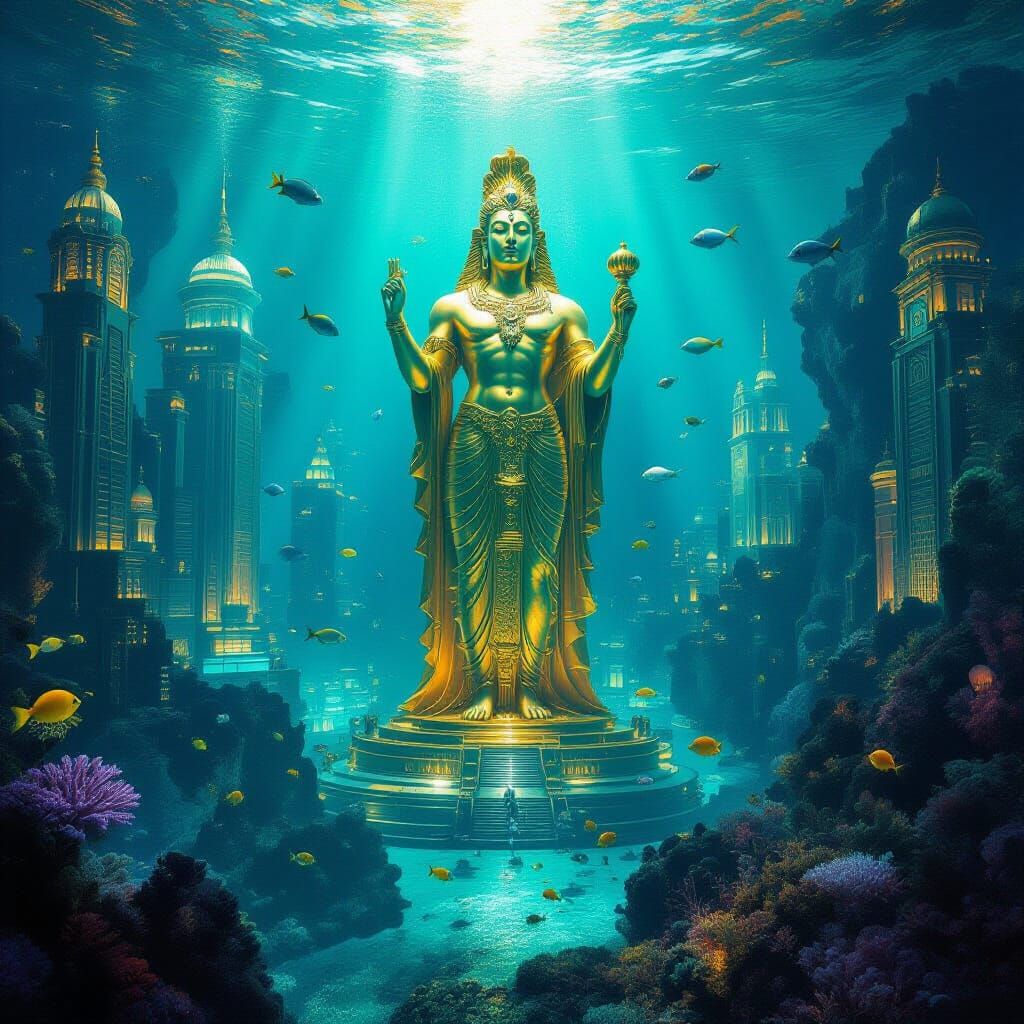 Golden Underwater City with Bioluminescent Coral