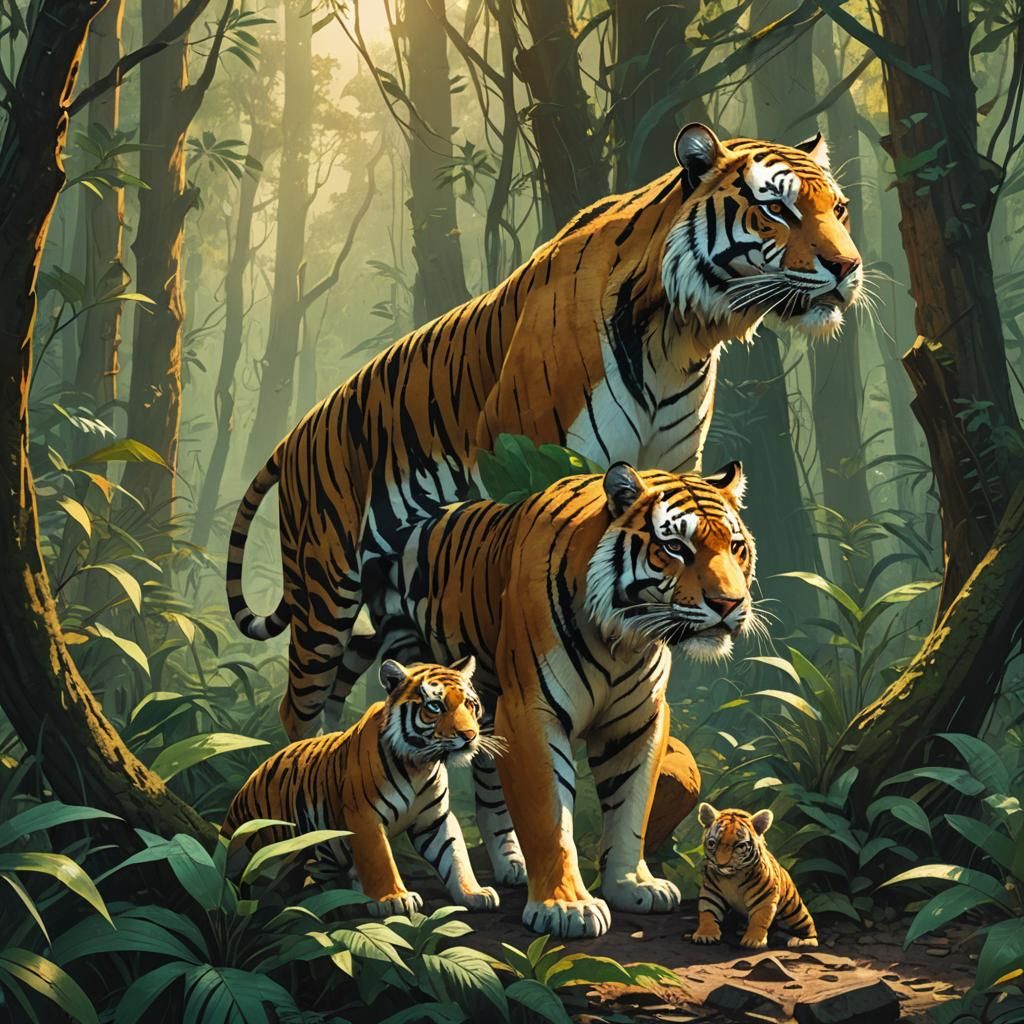 Tiger Family in Mystical Jungle: Fantasy Concept Art