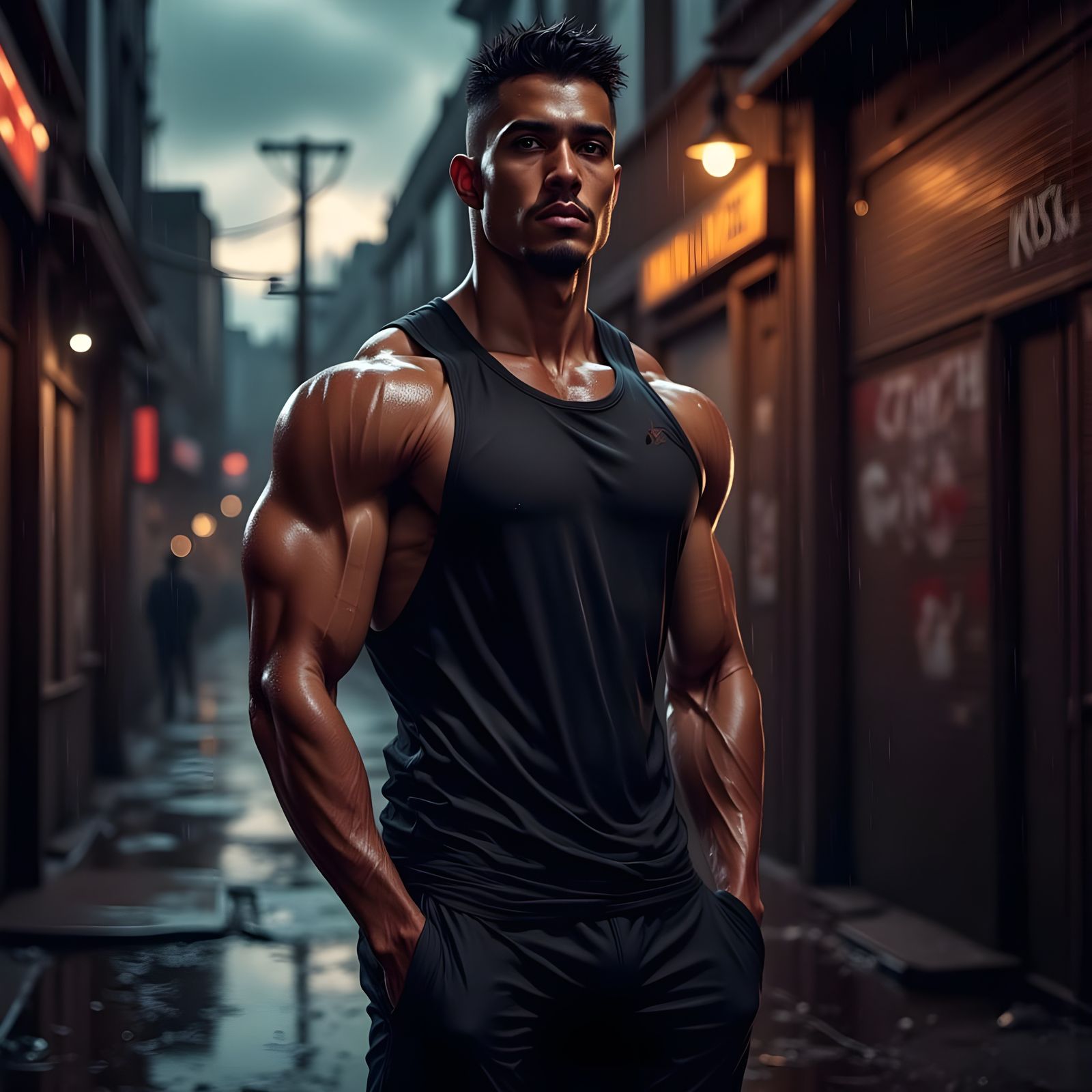 Muscular Athlete in Rainy Urban Alley at Dusk
