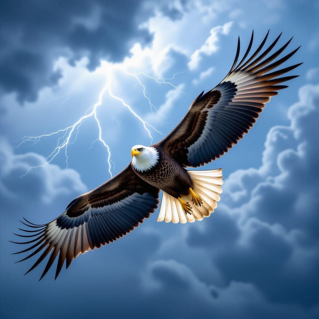 Bald Eagle Soaring Through Stormy Sky: Hyperrealistic Detail