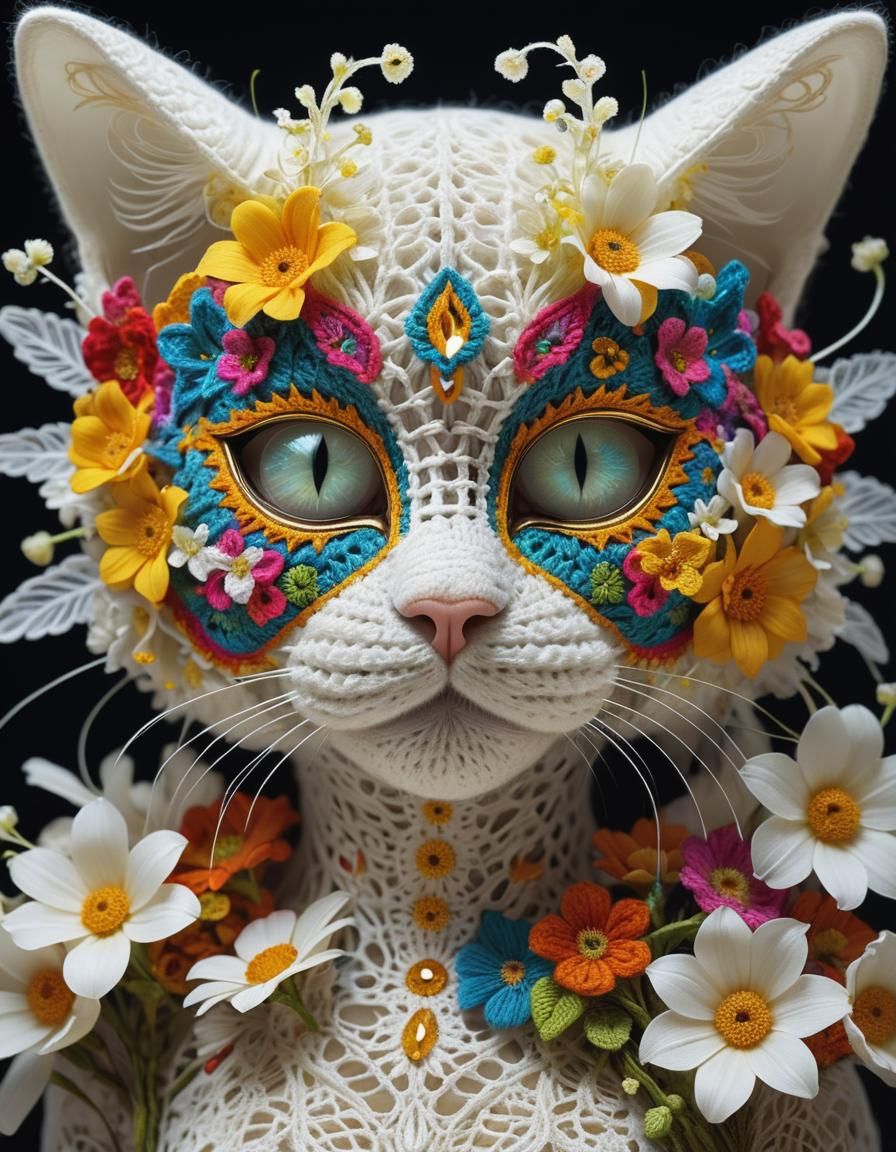 Cat in Crocheted Mask with Bioluminescent Flowers