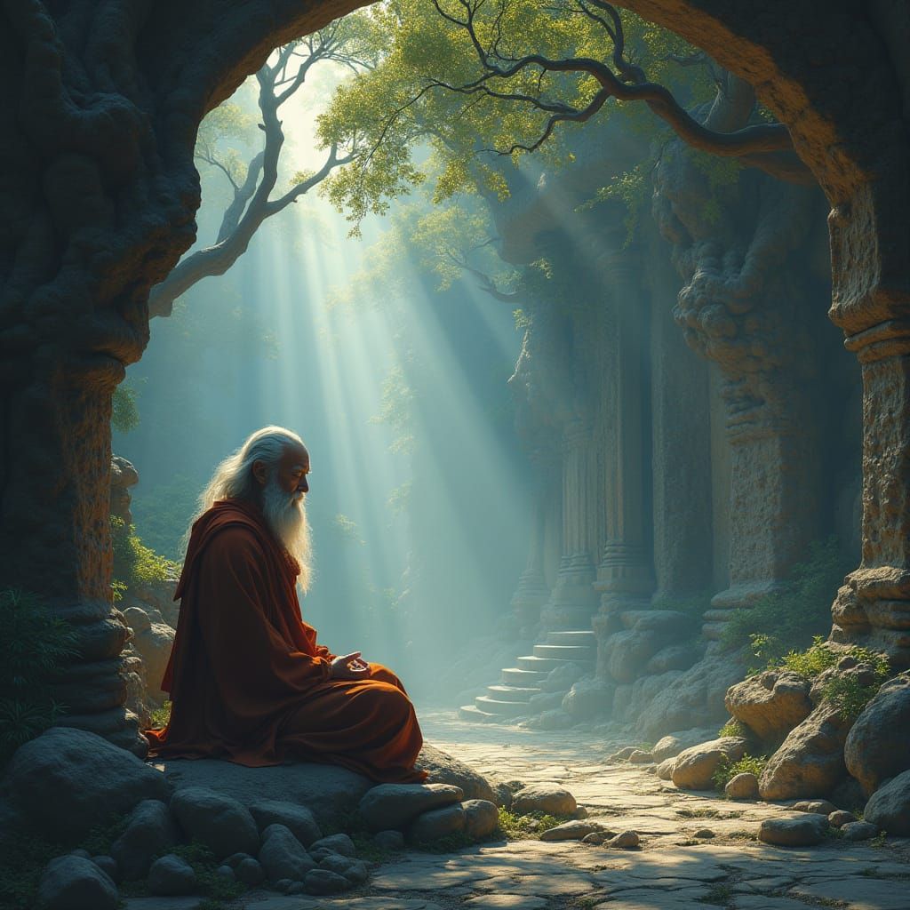 Monk Meditating in Mountain Temple: Matte Painting