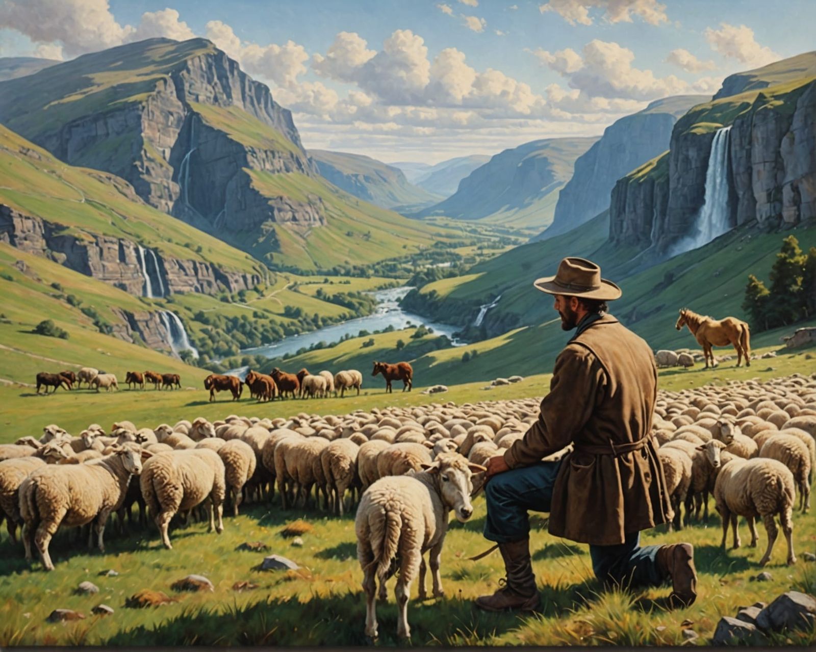 Shepherd Kneeling in Landscape Oil Painting