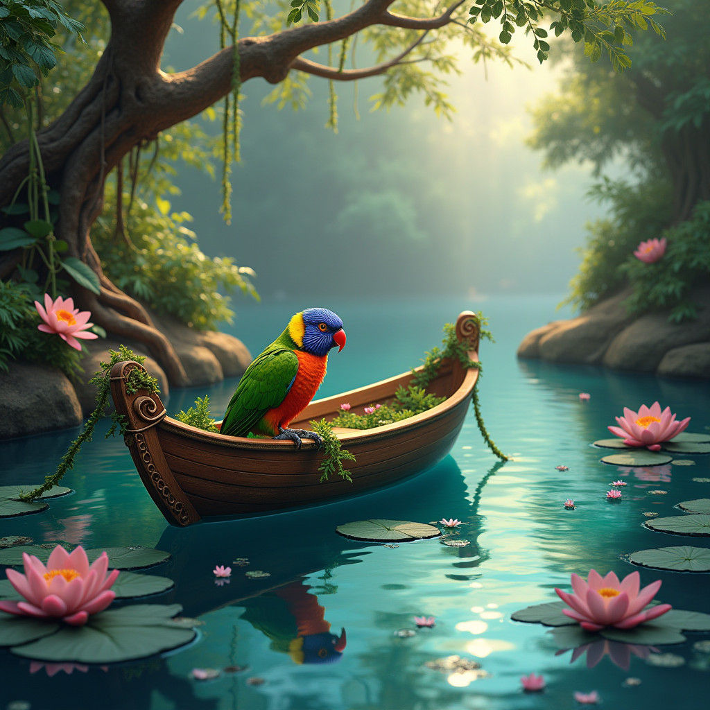 Lorikeet in Flower-Adorned Boat on Serene Lake