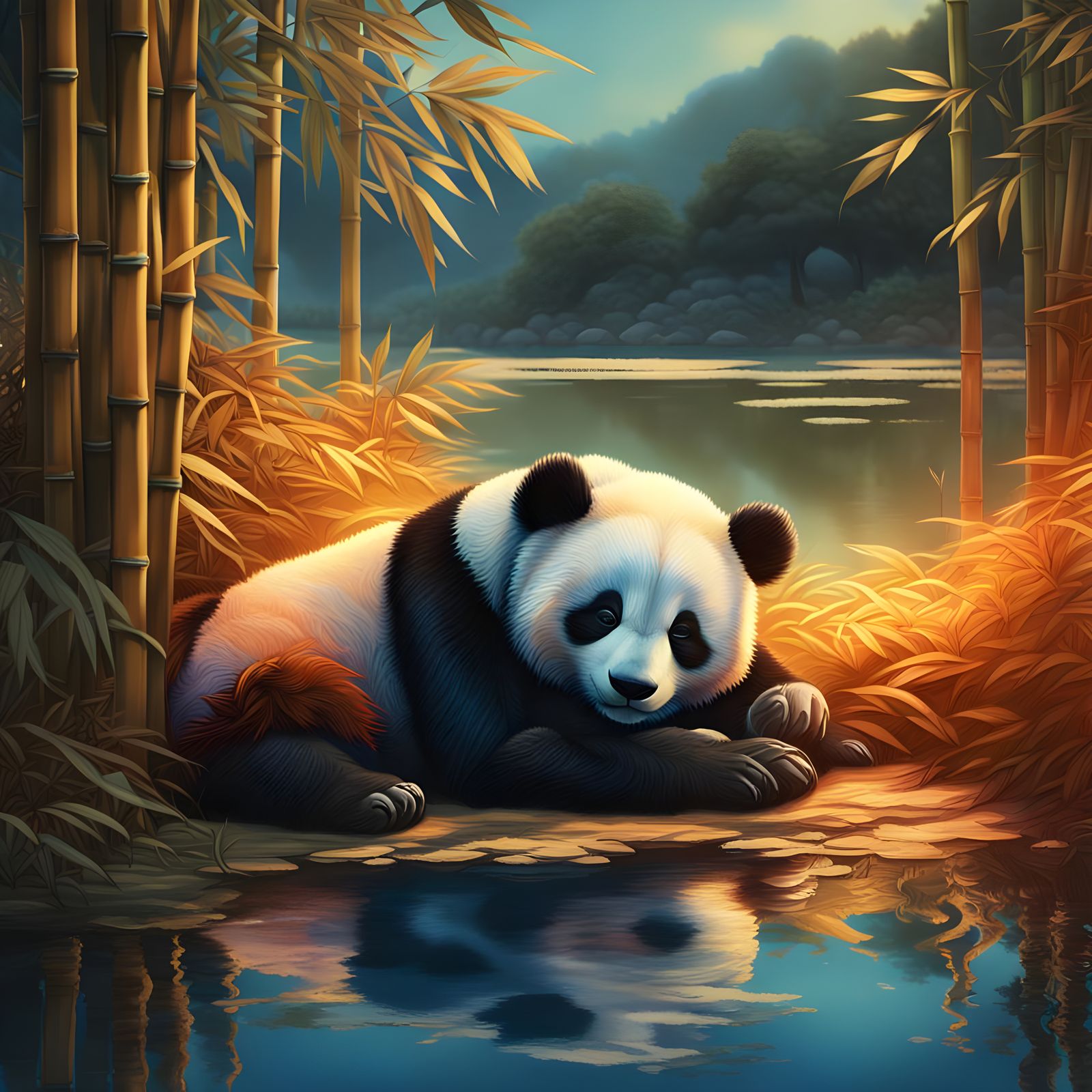 Panda Family at Sunset: A Matte Painting