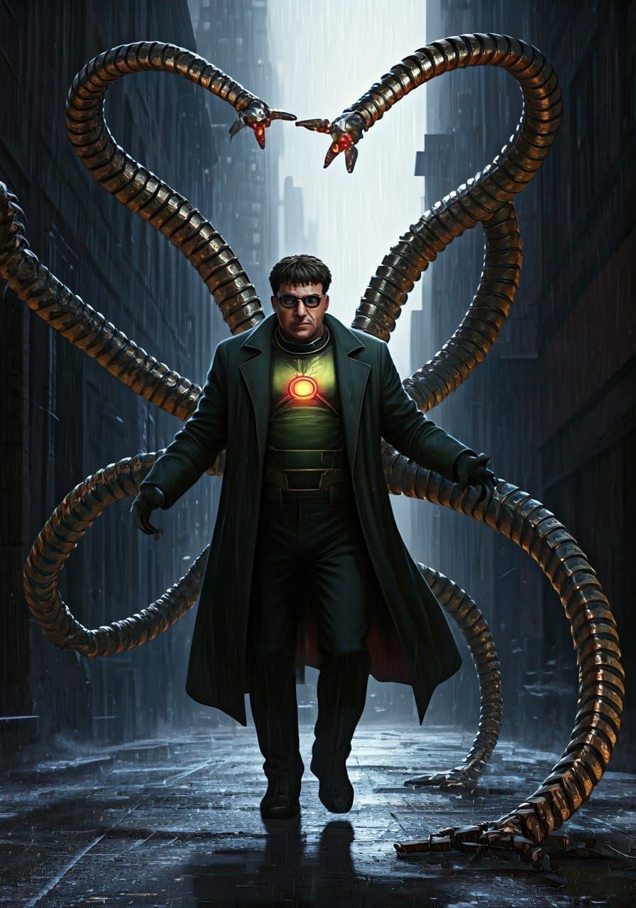 Hyperrealistic Dr. Octopus in Noir Alley