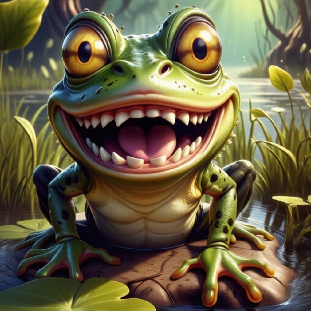 Cartoon Frog Laughing in a Swamp