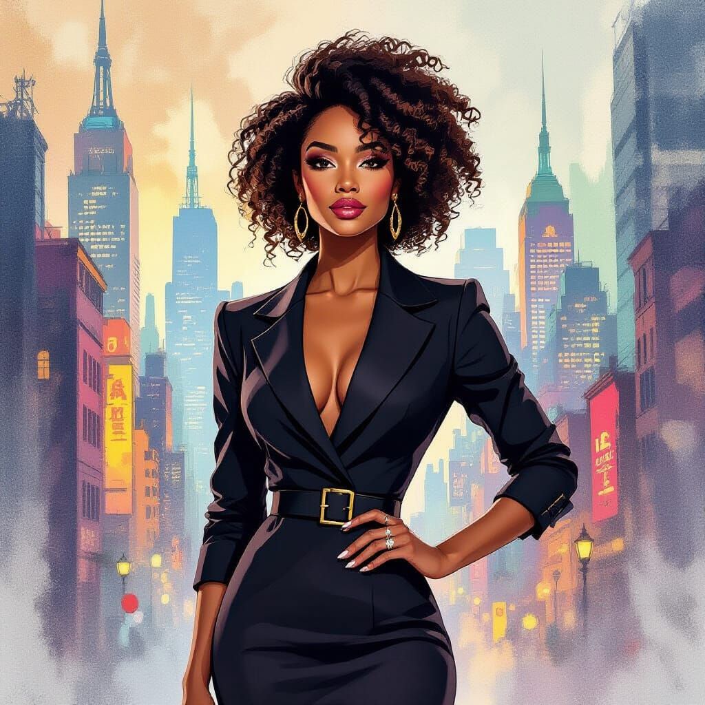 Elegant Woman in Cityscape, Digital Painting and Ink Art