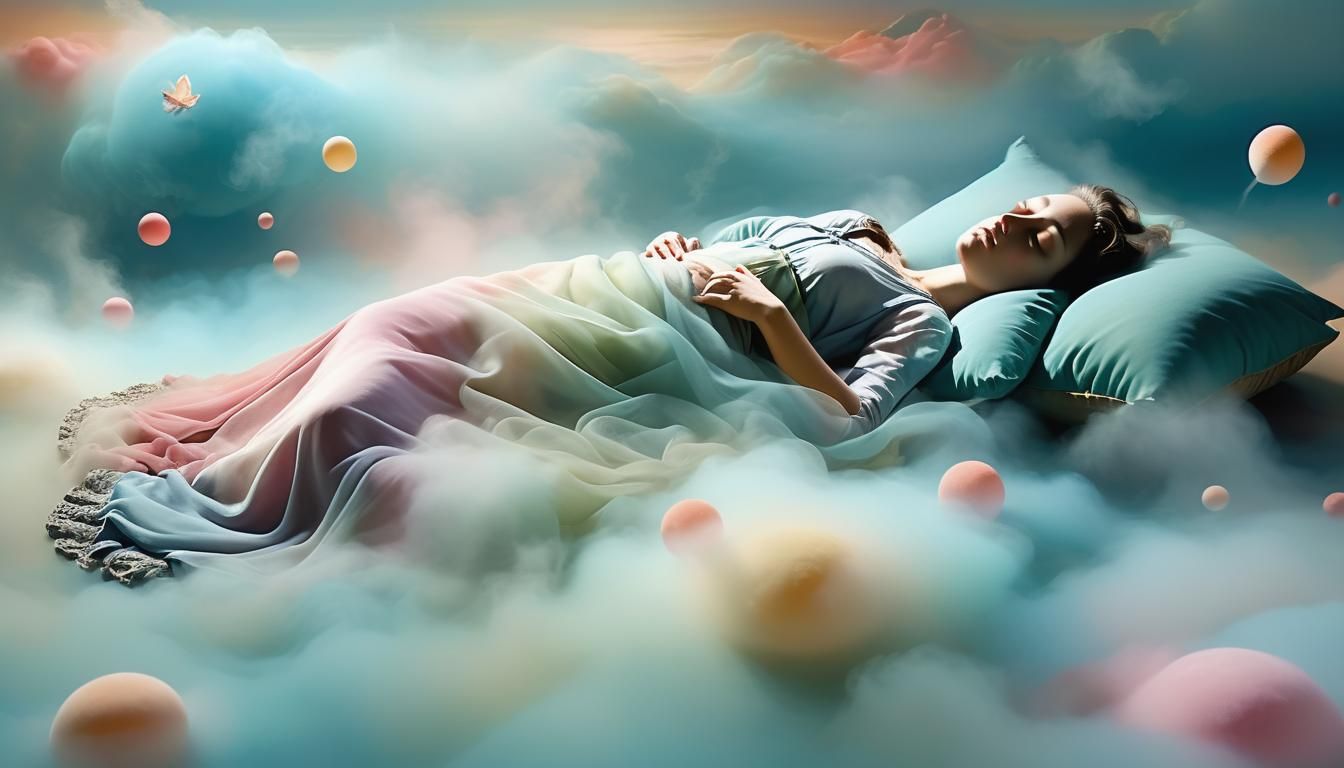 Dreamlike Surrealism: Sleeping Person Surrounded by Floating...