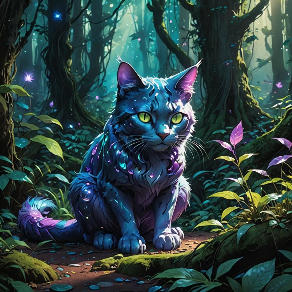 Avatar Space Cat in Iridescent Forest, Ghibli Style