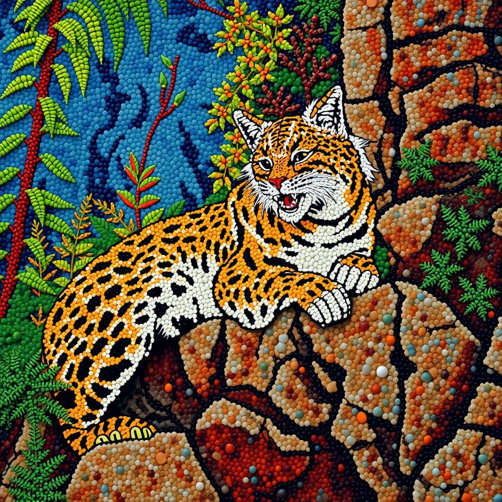 Saber-Toothed Cat Mosaic Art on Rocky Ledge