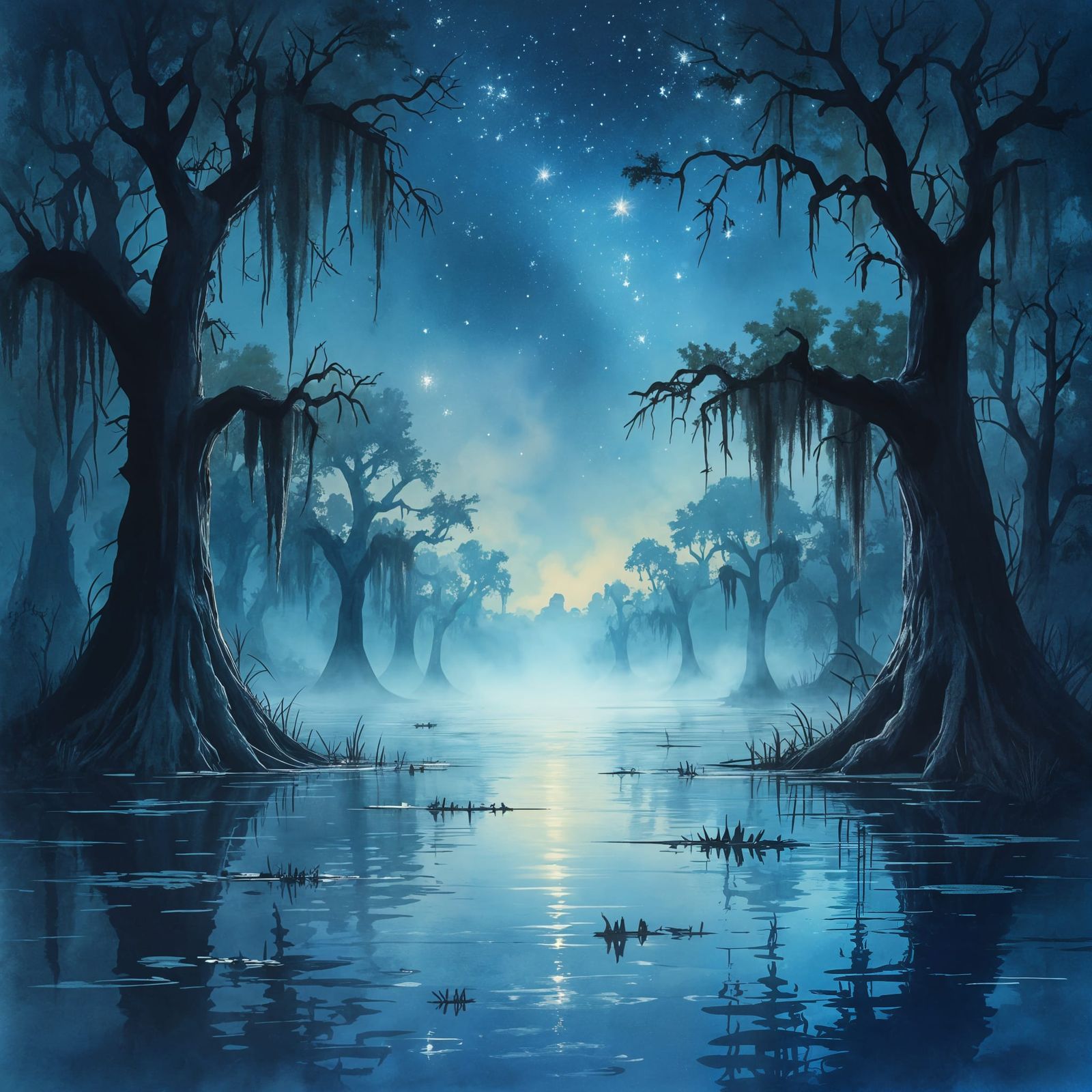 Vibrant Watercolor Starry Sky Above a Swamp