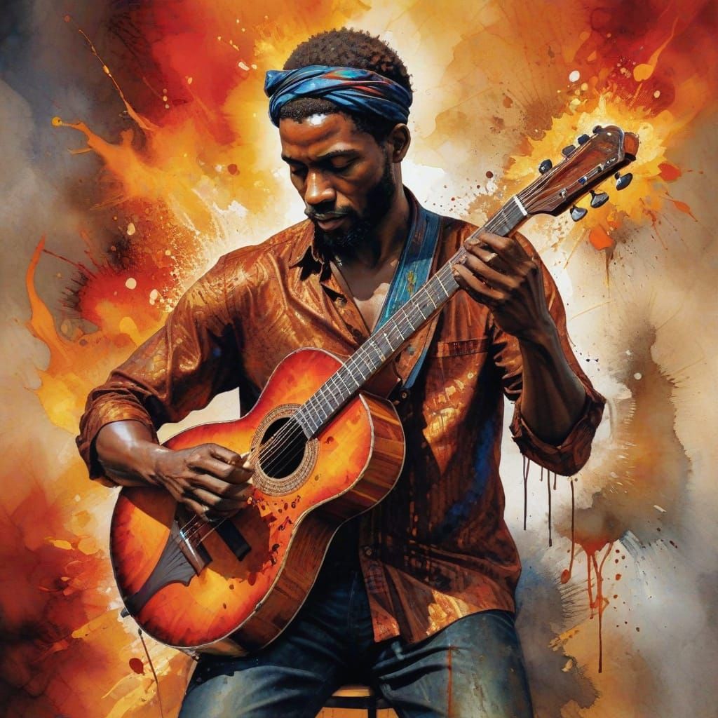 Vibrant African Busker in Fiery Street Scene