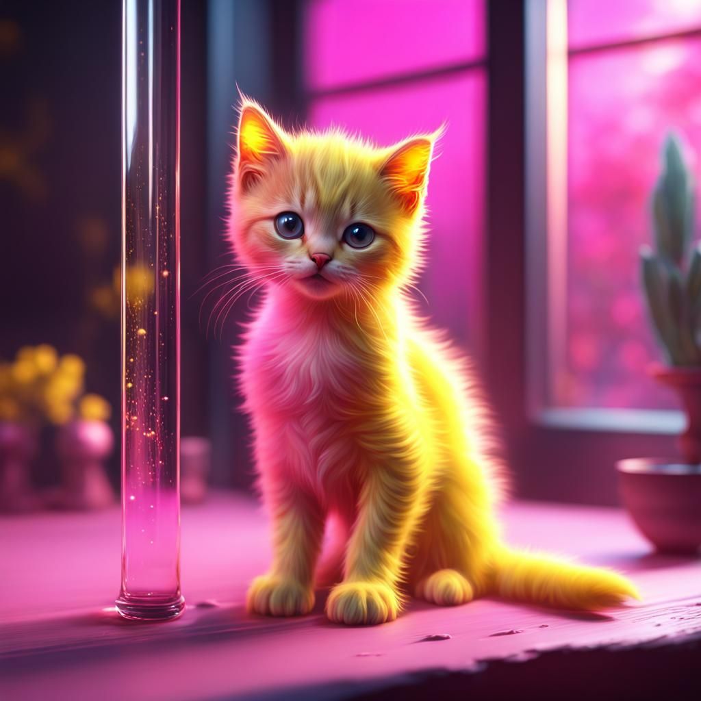 Translucent Glass Kitten in Pink and Yellow