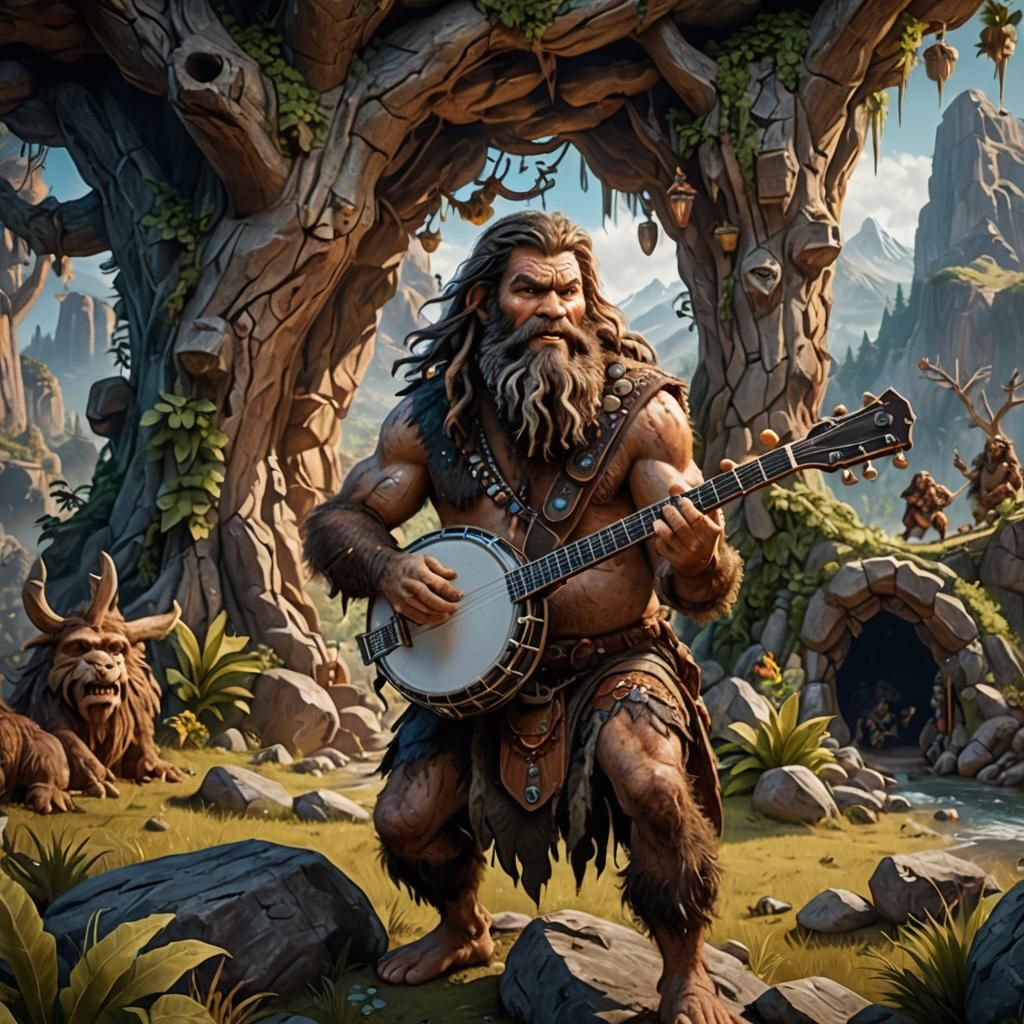 Hairy Caveman Playing Banjo in Detailed Matte Painting