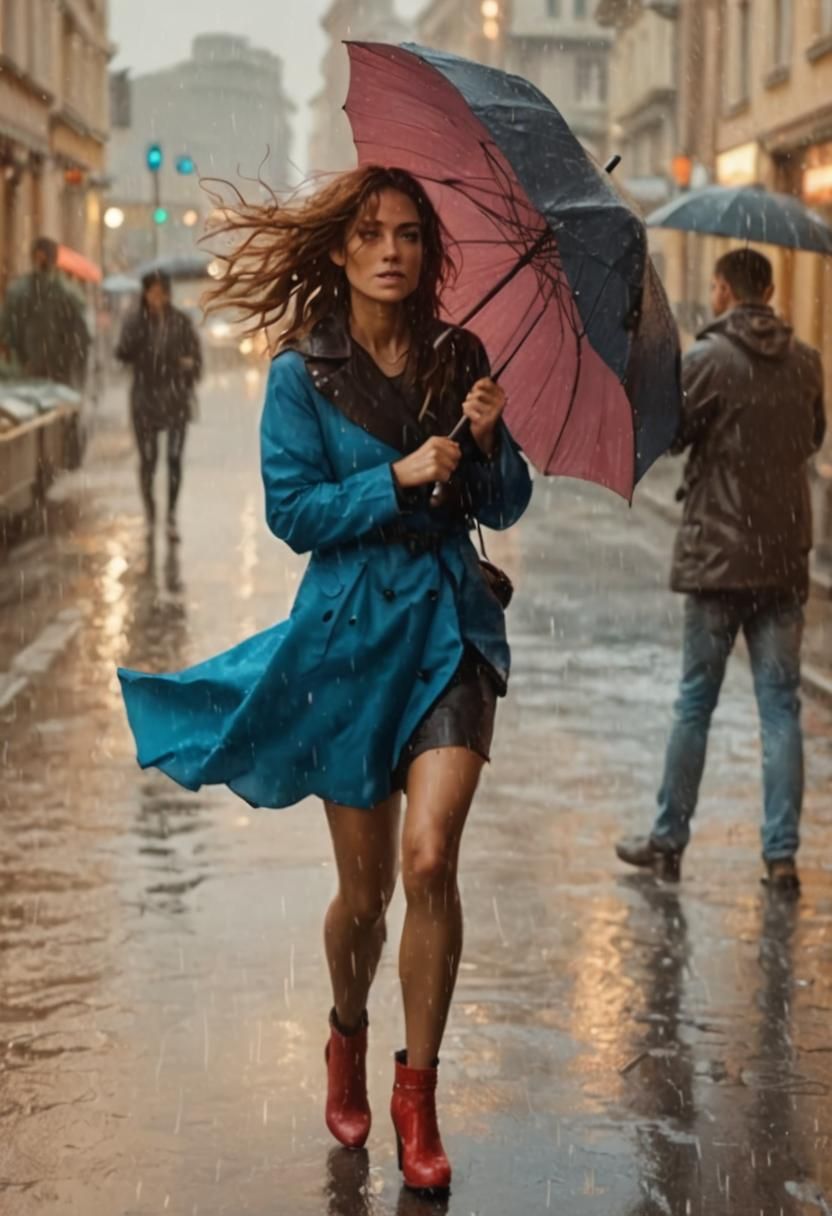 Girl in Rain with Umbrella: Photorealistic Scene