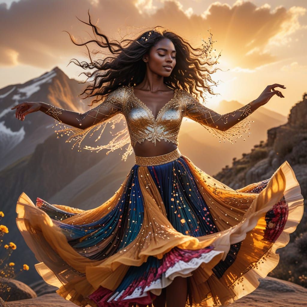 Woman Dancing at Sunset on Mountain Top