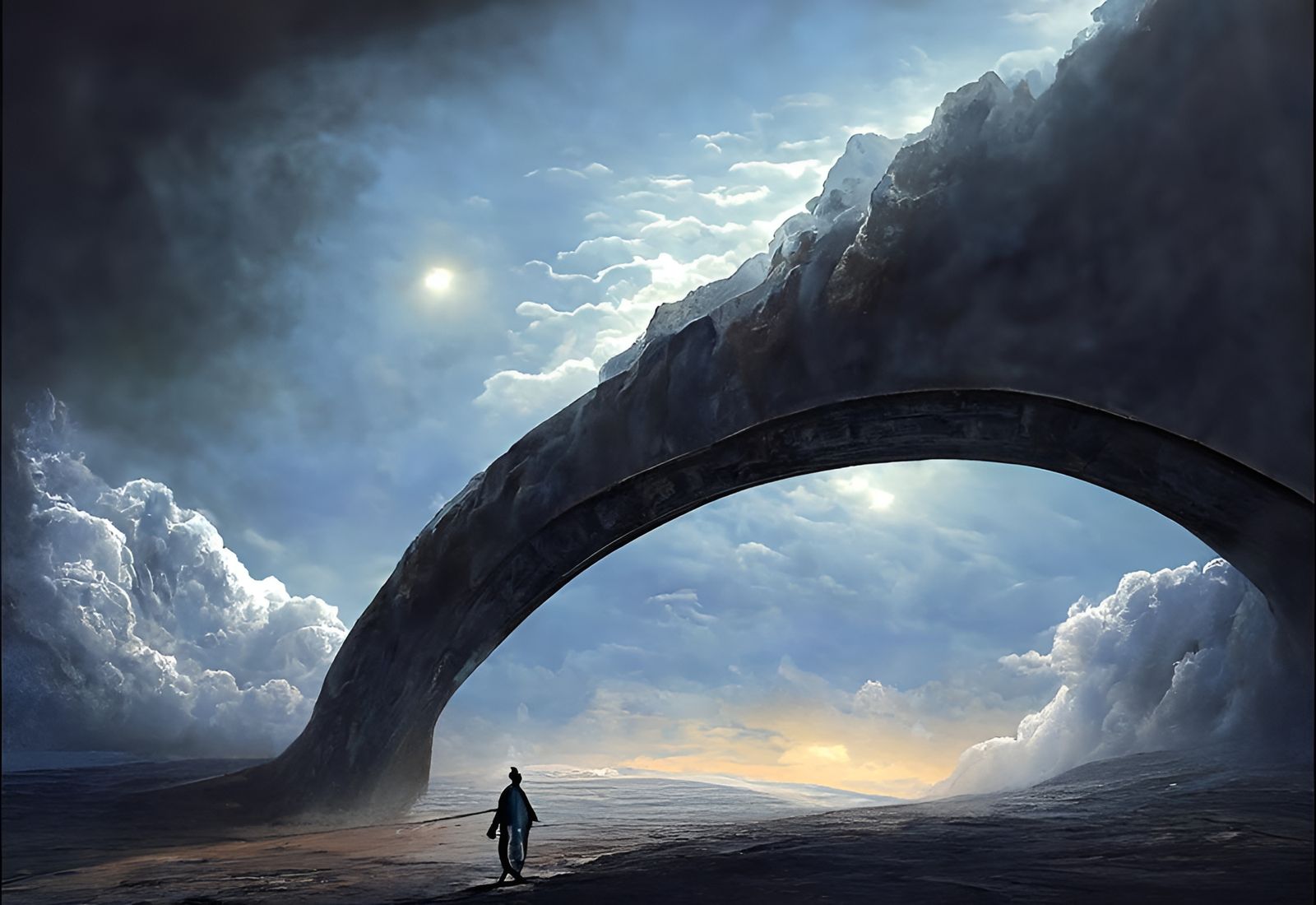Surreal World Walker on Arch in Dramatic Lighting