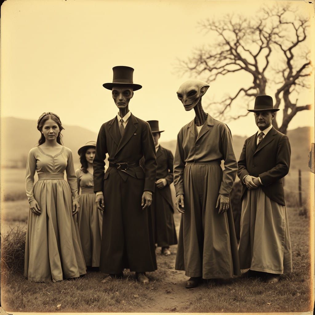 Rural Village Scene with Intergalactic Visitors in Vintage P...