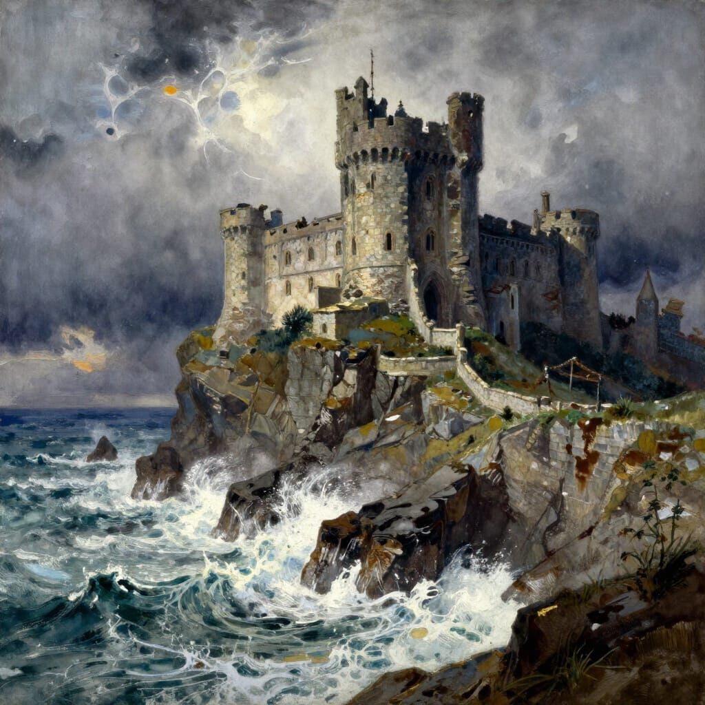 Majestic Crumbling Castle on Cliff Overlooking Stormy Sea