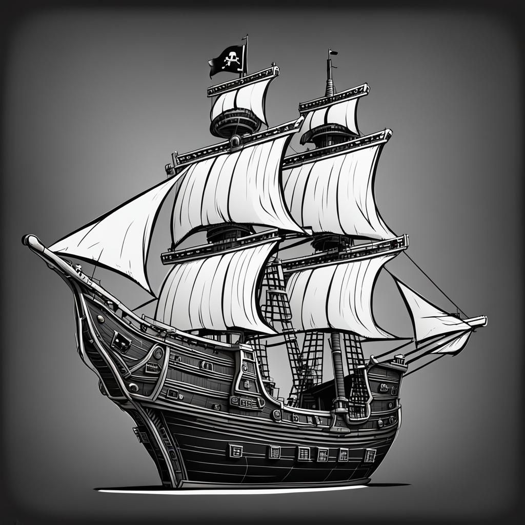 Detailed Cartoon Pirate Ship on Black Background