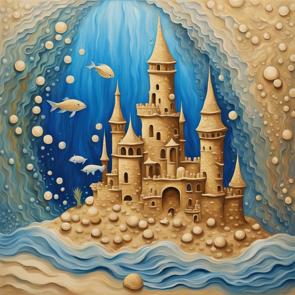 Underwater Sandcastle: A Post-Impressionistic Painting