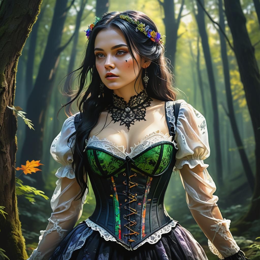 Witch in Lace Corset in Hyperrealistic Forest