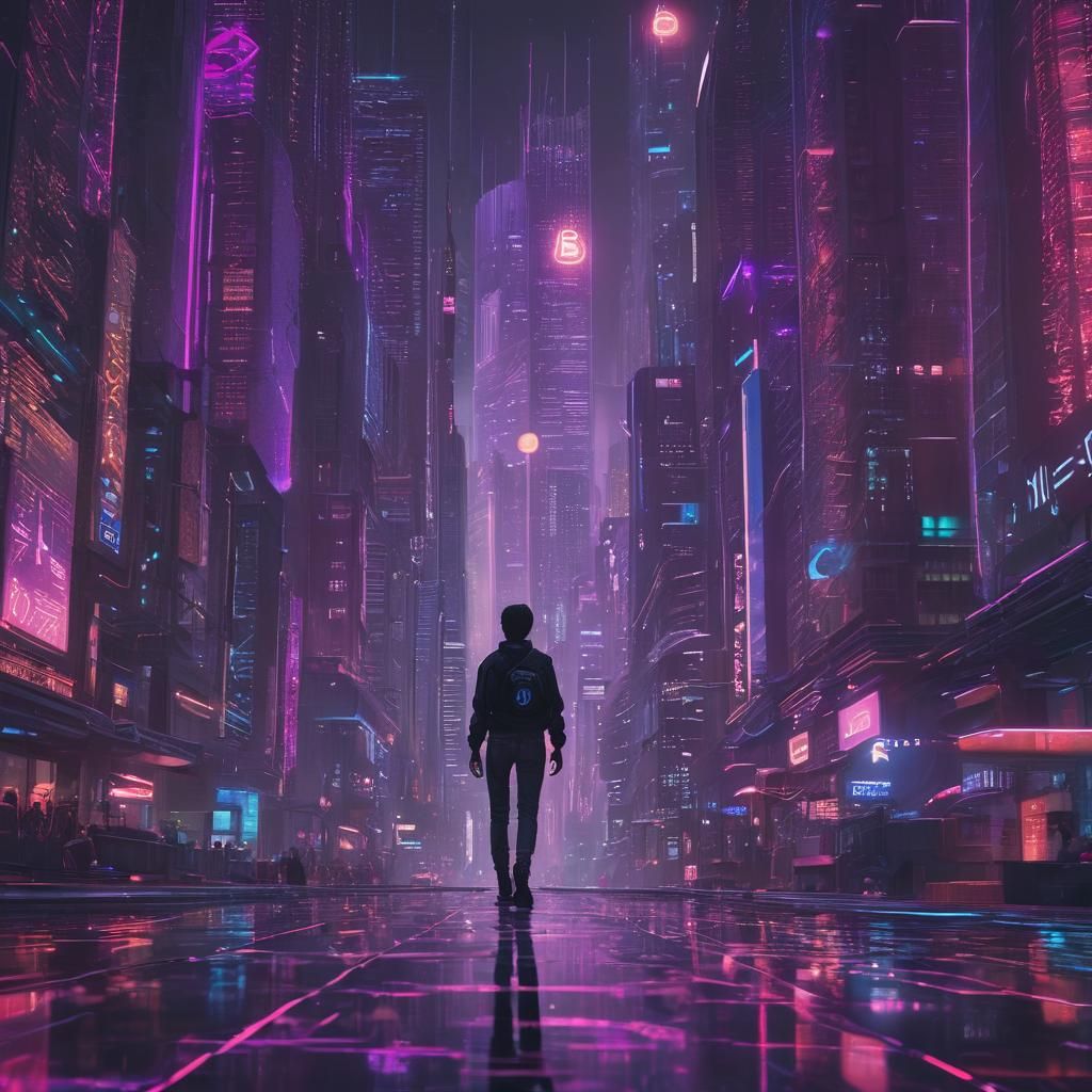 Cyberpunk Cityscape with Bitcoin Logos and Neon Lights