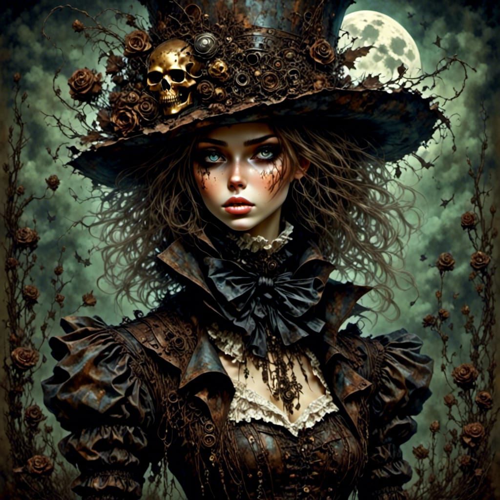 Eerie Steampunk Scarecrow in Cornfield Under Moon