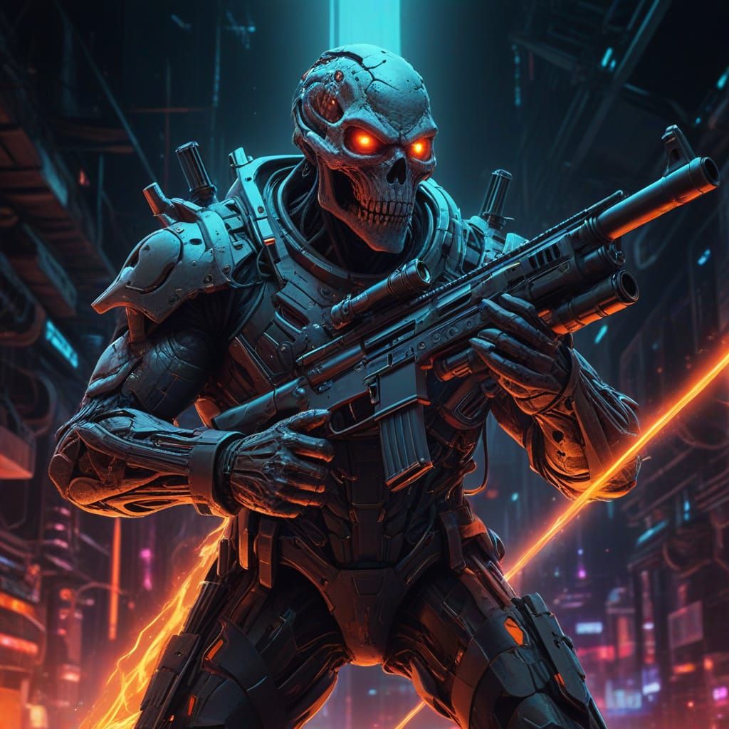 Futuristic Monster Wields Sniper Rifle in a Vibrant Oil Pain...
