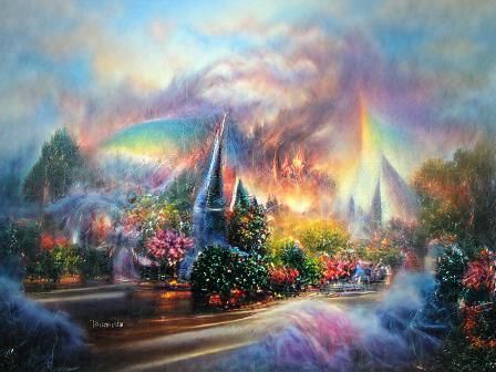 Ethereal Rainbow Fantasy Landscape in Kinkade Style