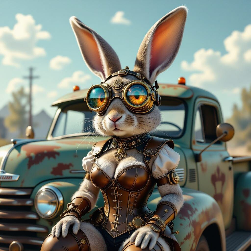 Surreal Steampunk Rabbit on Vintage Truck