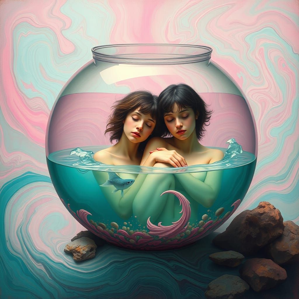 Surreal Souls Trapped in a Dreamlike Fishbowl Scene