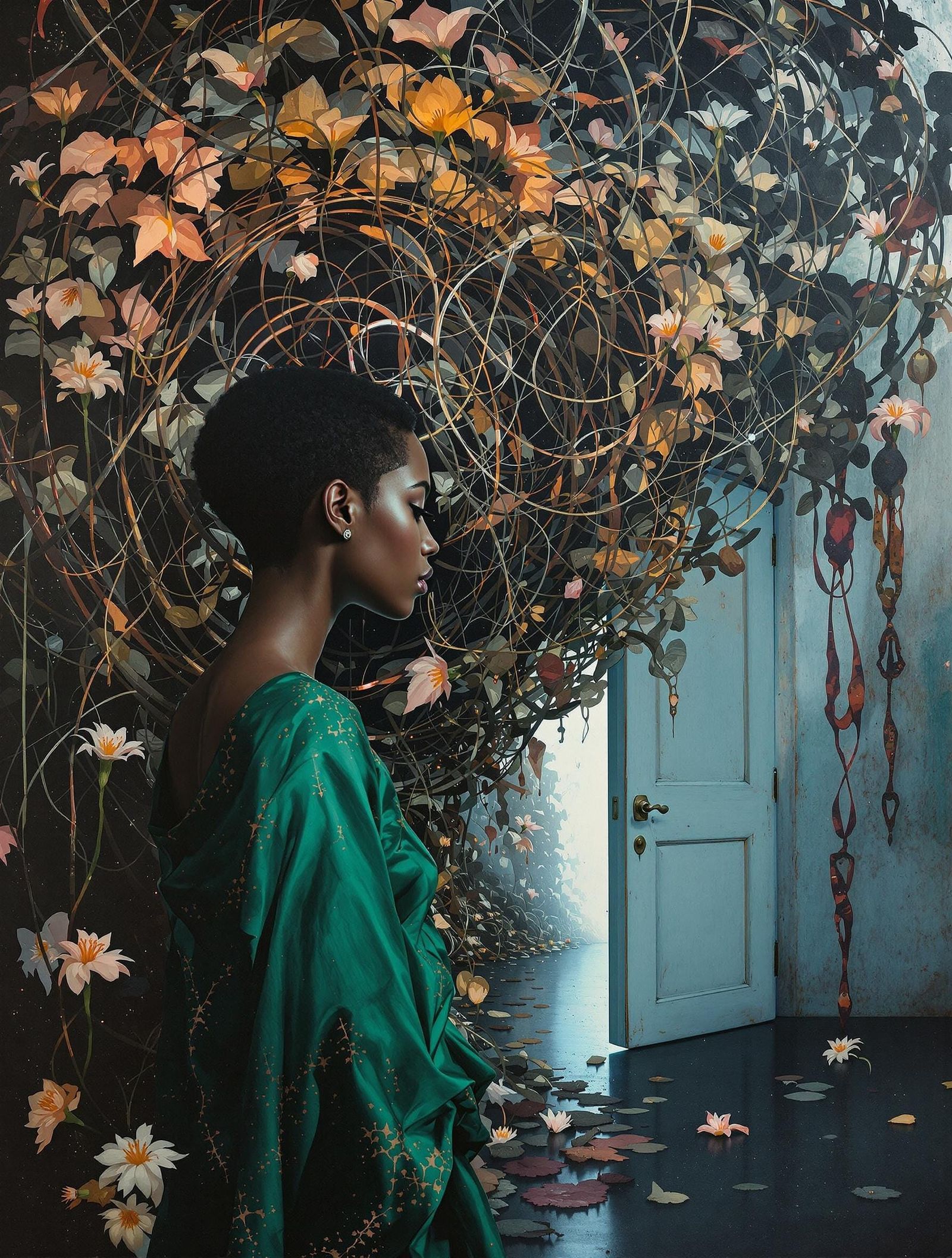 Surreal Woman Faces Chrysalis in Avant-Garde Abstraction