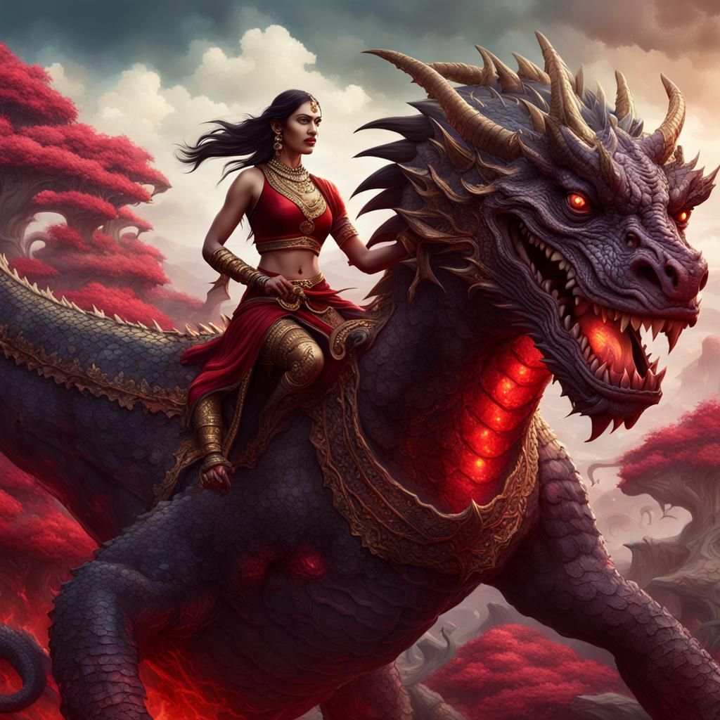 Indian Woman Rides Dragon in Dark Fantasy Art