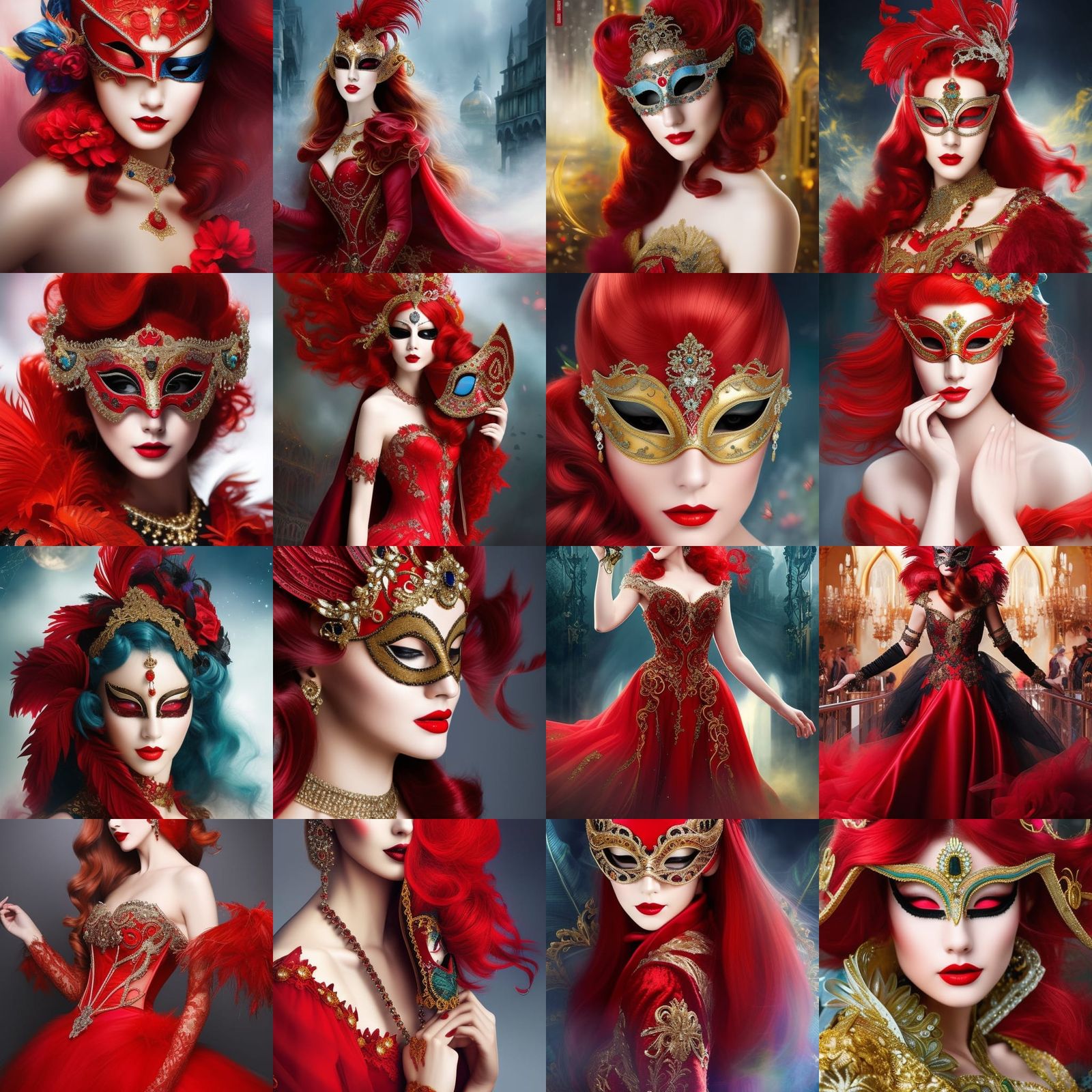 Woman in Red Dress with Venetian Mask, Digital Art