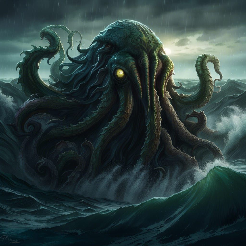 Lovecraftian Cthulhu Monster in Stormy Ocean