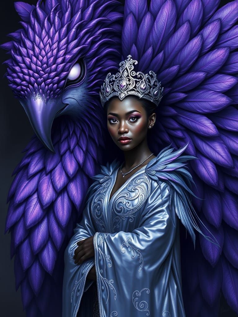Regal Dark Sorceress Stands Beside Majestic Iridescent Bird