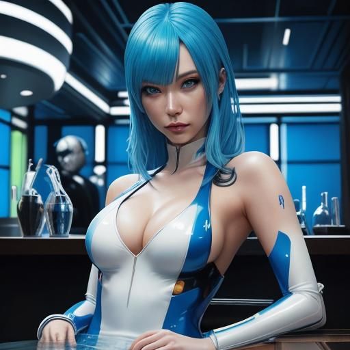 Girl in Latex Suit at Futuristic Bar: Hyperrealistic Art