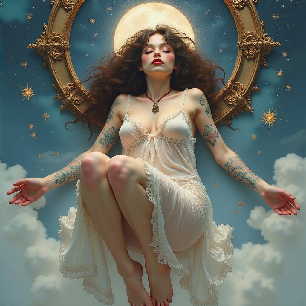 Levitating Woman with Occultic Tattoos in Fantasy Scene