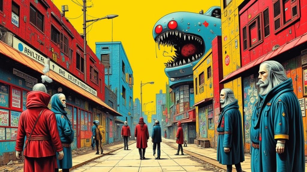 Naivepunk Street Scene with Rusted Tech and Graffiti