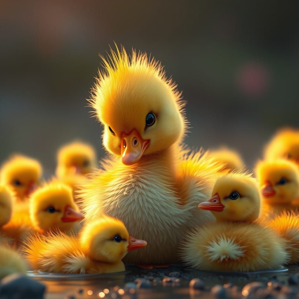Whimsical Baby Duck Friends in Dreamlike Sunset Scene