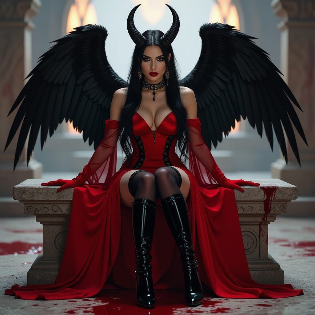 Gothic Goddess with Black Wings on Stone Altar