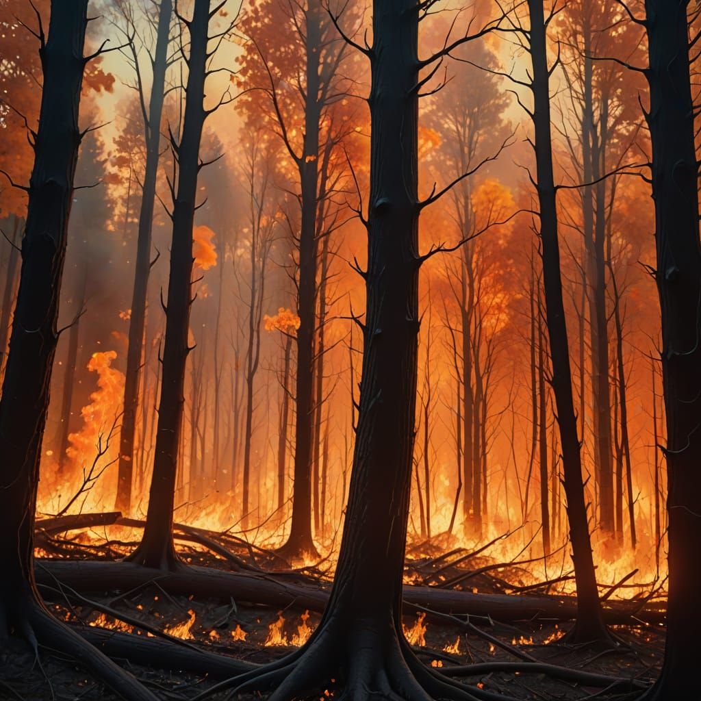 Surreal Forest Fire in Vibrant Oil Painting Style