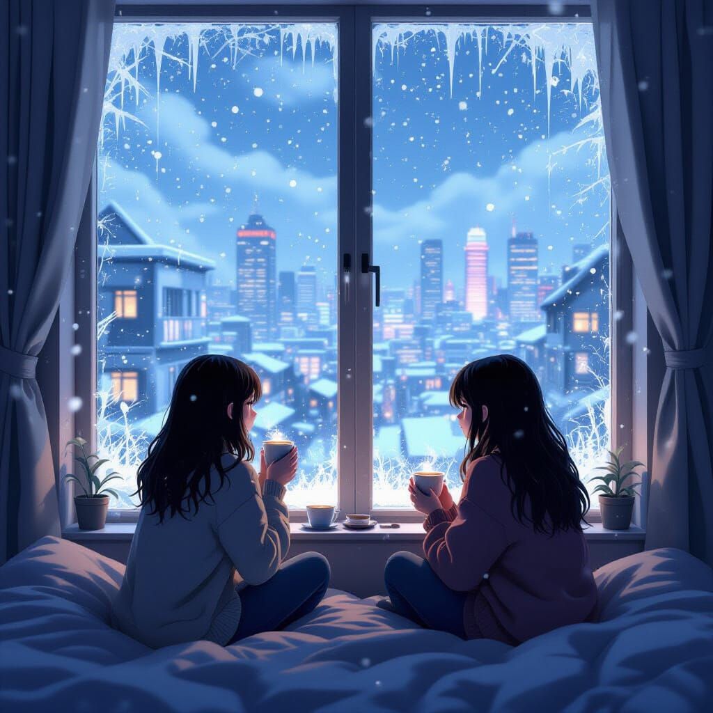 Cozy Lofi Room with Women Watching Snowfall