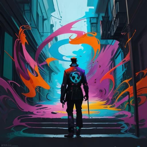 Mystic Figure in Vibrant Street Art Alleyway